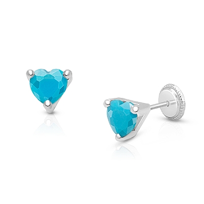 Simple Heart Studs, 5mm Turquoise CZ Teen&#039;s Earrings, Screw Back - 14K White Gold