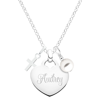 Gold Heart, Communion Necklace (Includes Chain &amp; FREE 1-Side Engraving) - 14K White Gold