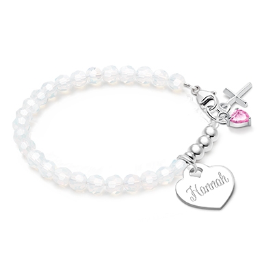 Tiny Blessings Signature Crystal White Opal Engraved Heart Bracelet for Girls Christening/Baptism