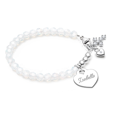 Tiny Blessings Signature Crystal White Opal Engraved Heart Bracelet for Girls Christening/Baptism