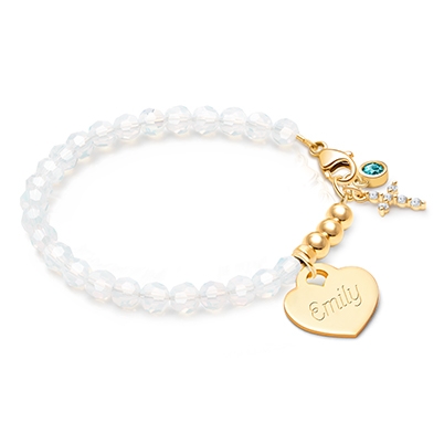 Tiny Blessings Signature Crystal White Opal Engraved Heart Bracelet for Girls Christening/Baptism made from Solid 14K Gold