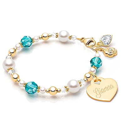 My Little Sunshine Birthstone, Baby/Children&#039;s Beaded Bracelet for Girls (Includes Engraved Charm, All 12 Birthstones Avail) - 14K Gold