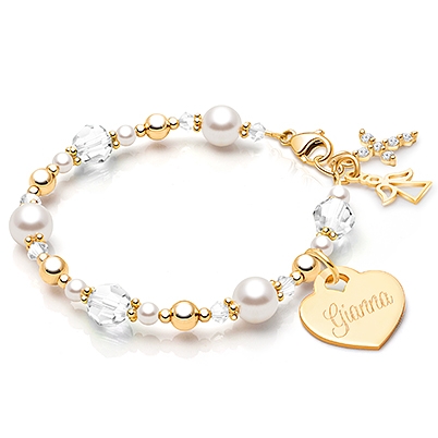 My Little Sunshine Birthstone, Christening/Baptism Baby/Children&#039;s Beaded Bracelet for Girls (Includes Engraved Charm, All 12 Birthstones Avail) - 14K Gold