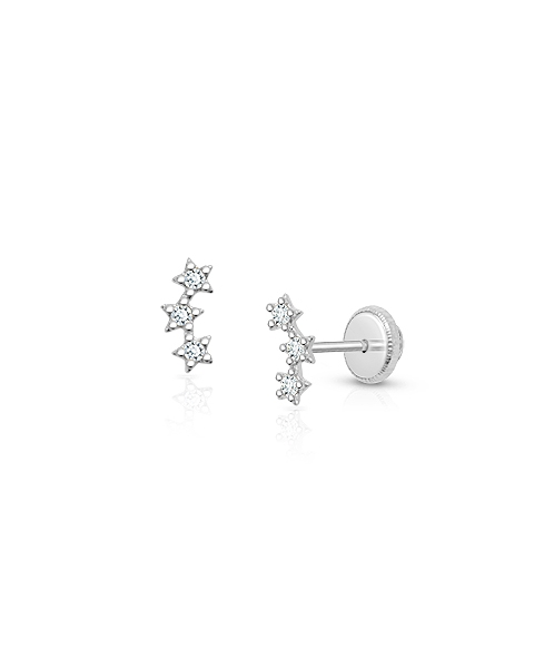 Lucky Stars, Clear CZ Baby/Children’s Earrings, Screw Back - 14K White Gold