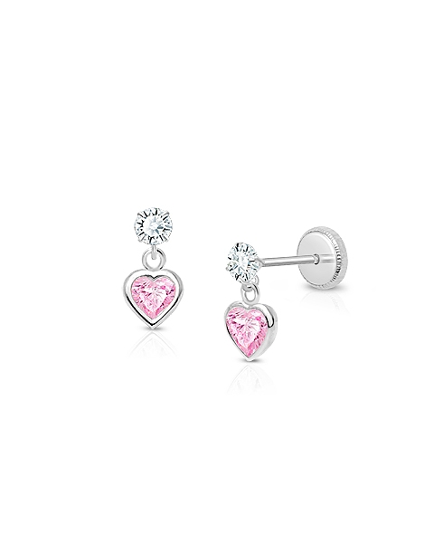 Fearless Heart Dangle, Pink/Clear CZ Baby/Children&#039;s Earrings, Screw Back - 14K White Gold