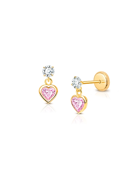 Fearless Heart Dangle, Pink/Clear CZ Teen's Earrings, Screw Back - 14K Gold