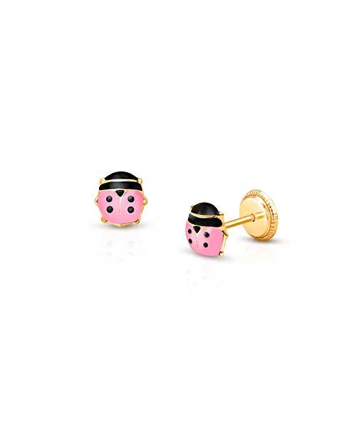 Lil&#039; Ladybug, Pink Enamel, Baby/Children&#039;s Earrings, Screw Back - 14K Gold