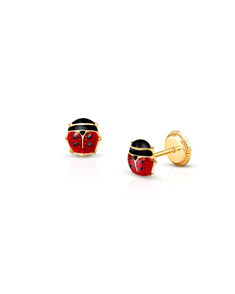 Lil&#039; Ladybug, Red Enamel, Baby/Children&#039;s Earrings, Screw Back - 14K Gold