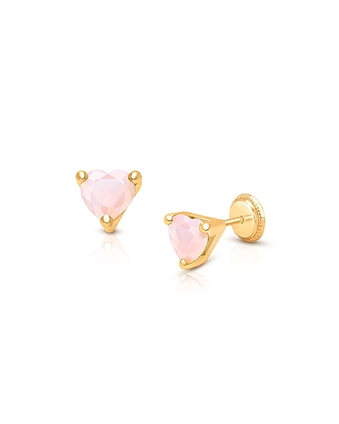 Gia™ Simple Heart Studs, 5mm Pink Opal CZ Teen's Earrings, Screw Back - 14K Gold