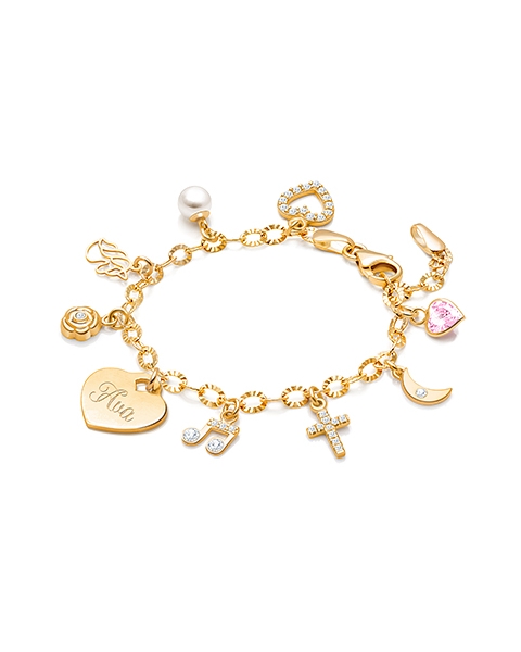 14K Gold Charm Bracelet, Design Your Own Baby/Children’s Link Chain Bracelet for Girls (INCLUDES Engraved Heart) - 14K Gold