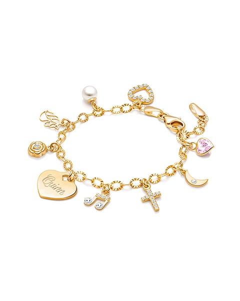 14K Gold Charm Bracelet, Design Your Own Christening/Baptism Baby/Children’s Link Chain Bracelet for Girls (INCLUDES Engraved Heart &amp; Religious Charm) - 14K Gold