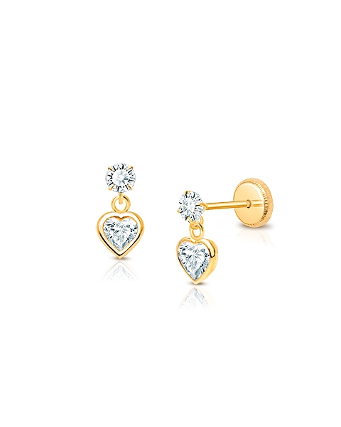 Fearless Heart Dangle, Clear CZ Baby/Children&#039;s Earrings, Screw Back - 14K Gold