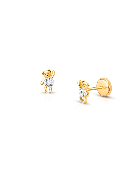 Teddy Bear Bliss, Clear CZ Baby/Children&#039;s Earrings, Screw Back - 14K Gold