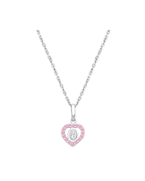 Virgin Mary, Pink CZ Heart Children&#039;s Necklace for Girls - 14K White Gold