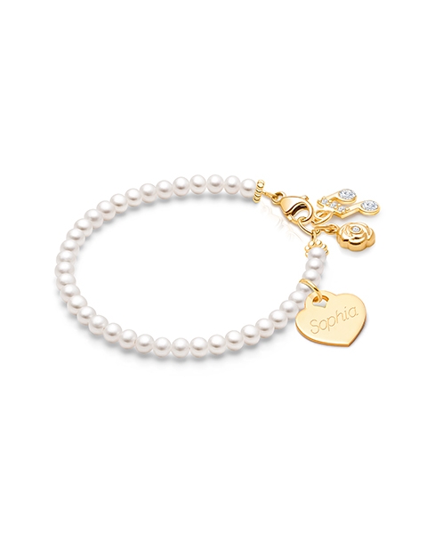 3mm Cultured Pearls, Baby/Children&#039;s Beaded Bracelet for Girls (INCLUDES Engraved Charm) - 14K Gold