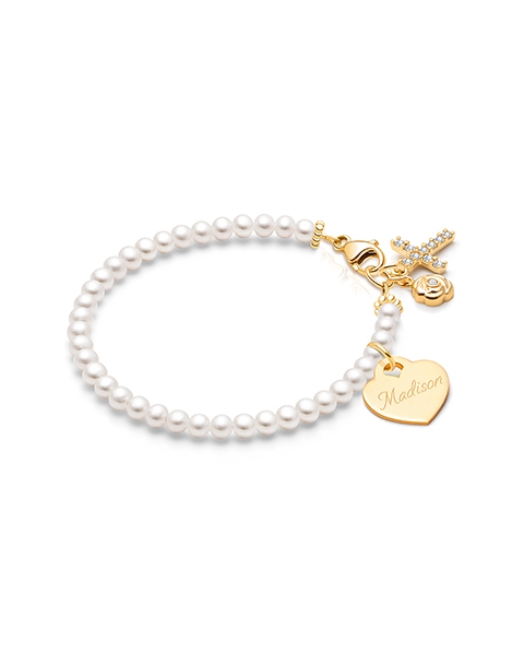 Solid 14K Gold Pearl Bracelet with Engravable Heart for Girls Christening