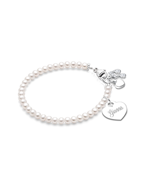 3mm Cultured Pearls, Baby/Children&#039;s Beaded Bracelet for Girls (INCLUDES Engraved Charm) - Sterling Silver