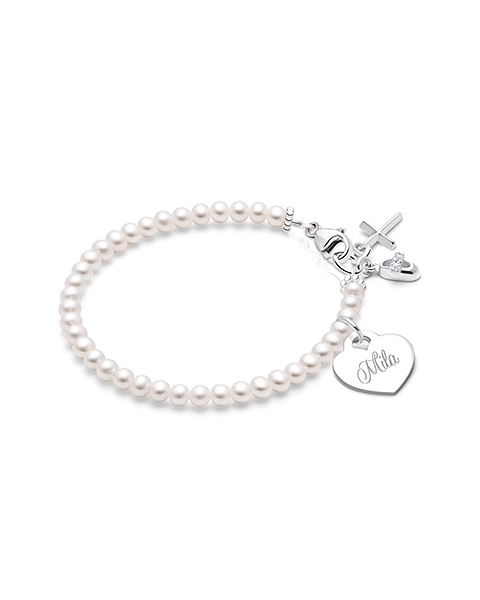 Sterling Silver Pearl Bracelet with Engravable Heart for Girls Baptism