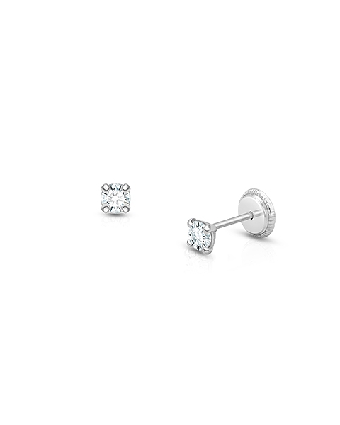 3mm CZ Round Studs, Baby/Children&#039;s Earrings, Screw Back - 14K White Gold