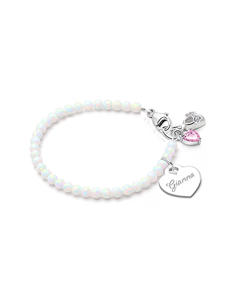 3mm Opals, Lab Created White Opal Baby/Children&#039;s Beaded Bracelet for Girls (INCLUDES Engraved Charm) - Sterling Silver