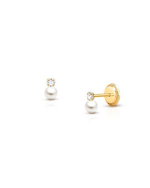 3mm Pearl Drop, Clear CZ Baby/Children&#039;s Earrings, Screw Back - 14K Gold