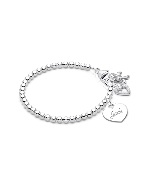 3mm Tiny Blessings Beads, Baby/Children&#039;s Beaded Bracelet for Girls (INCLUDES Engraved Charm) - Sterling Silver