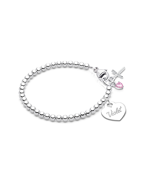 Silver Beaded Bracelet with Personalized Engraving for Girls