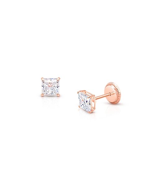 Princess Cut Studs, 4mm Clear CZ Studs, Christening/Baptism Baby/Children’s Earrings, Screw Back - 14K Rose Gold