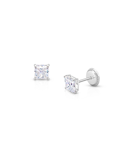 Princess Cut Studs, 4mm Clear CZ Studs, First Holy Communion Children&#039;s Earrings, Screw Back - 14K White Gold