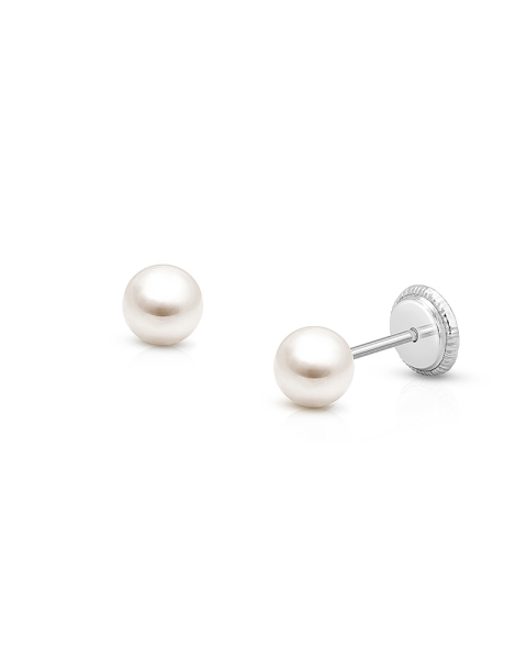 4mm Pearl Studs, Teen's Earrings, Screw Back - 14K White Gold