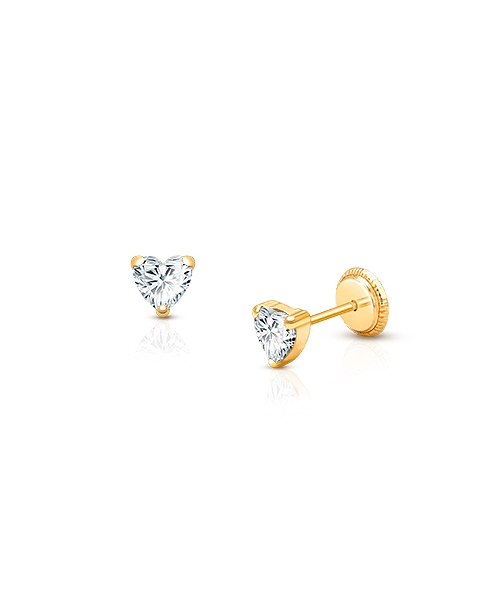 Heart Studs, 4mm Clear CZ Baby/Children’s Earrings, Screw Back - 14K Gold