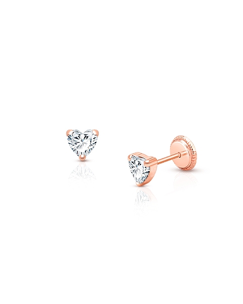 Heart Studs, 4mm Clear CZ Baby/Children’s Earrings, Screw Back - 14K Rose Gold