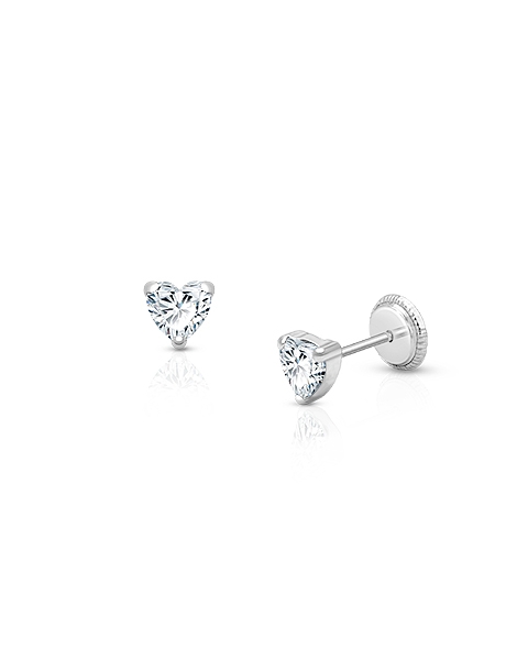 Heart Studs, 4mm Clear CZ Christening/Baptism Baby/Children’s Earrings, Screw Back - 14K White Gold