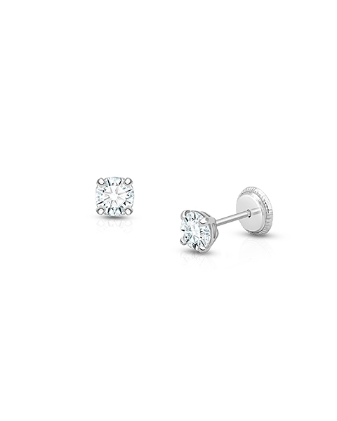 4mm CZ Round Studs, First Holy Communion Children&#039;s Earrings, Screw Back - 14K White Gold