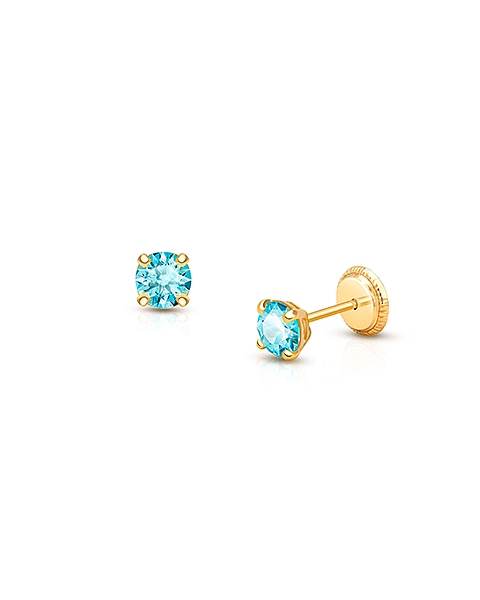 March Birthstone Studs, 4mm Swarovski® Crystal Teen's Earrings, Screw Back - 14K Gold