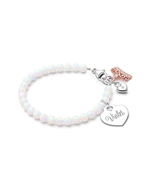 4mm Opals, Lab Created White Opal Baby/Children&#039;s Beaded Bracelet for Girls (INCLUDES Engraved Charm) - Sterling Silver