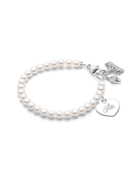 4mm Cultured Pearls, Baby/Children&#039;s Beaded Bracelet for Girls (INCLUDES Engraved Charm) - Sterling Silver
