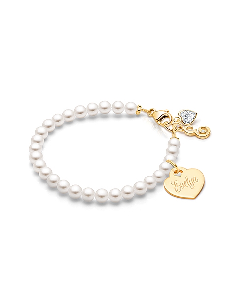 4mm Cultured Pearls, Baby/Children&#039;s Beaded Bracelet for Girls (INCLUDES Engraved Charm) - 14K Gold