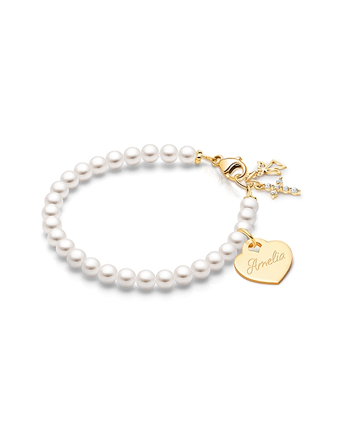 Solid 14K Gold Pearl Bracelet with Engravable Heart for Girls Christening