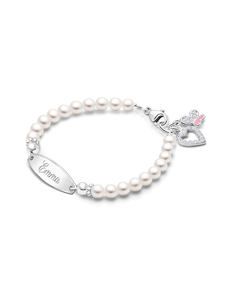 4mm Cultured Pearls, Baby/Children&#039;s Engraved Bracelet for Girls - Sterling Silver