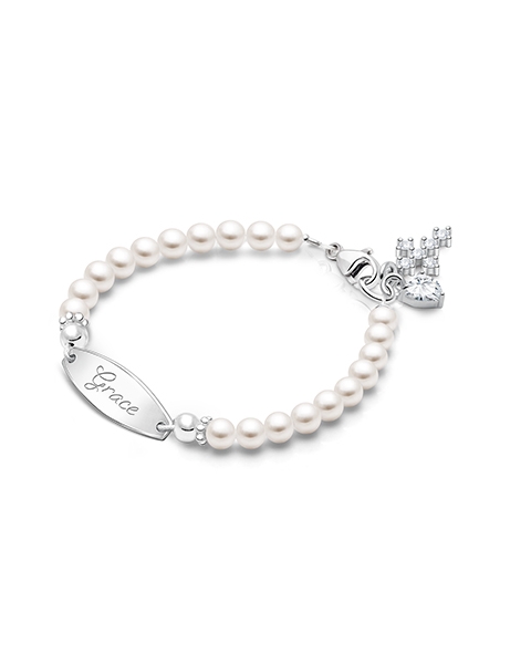 4mm Cultured Pearls, Christening/Baptism Baby/Children&#039;s Engraved Bracelet for Girls - Sterling Silver