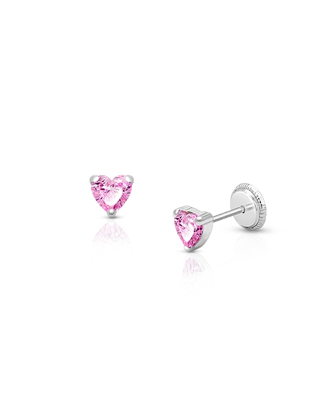 Heart Studs, 4mm Pink CZ Baby/Children’s Earrings, Screw Back - 14K White Gold