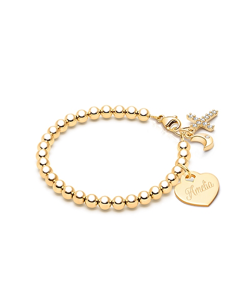 4mm Tiny Blessings Beads, Christening/Baptism Baby/Children&#039;s Beaded Bracelet (Includes Engravable Charm) - 14K Gold