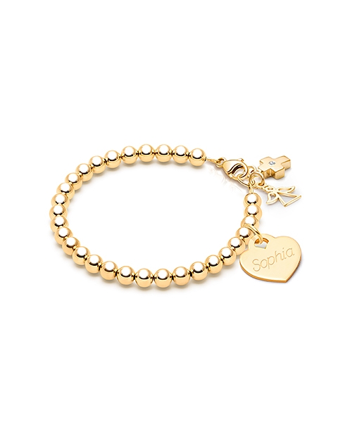 4mm Tiny Blessings Beads, First Holy Communion Beaded Bracelet for Girls (Includes Engraved Charm) - 14K Gold