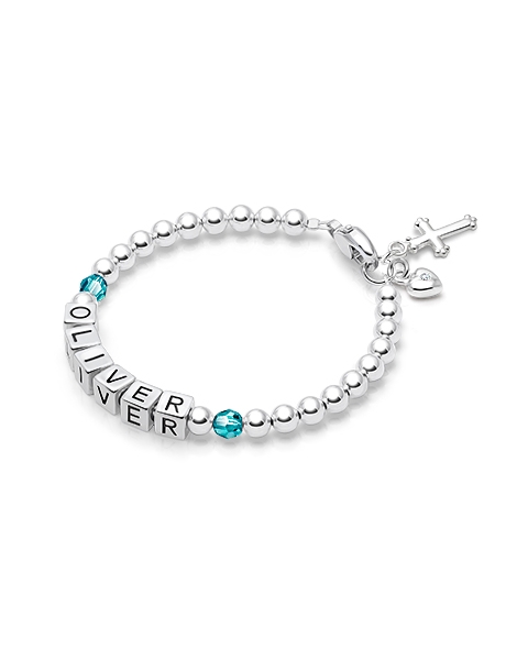 Tiny Blessings Birthstone, Baptism/Christening Name Bracelet for Boys - Sterling Silver