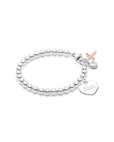 4mm Tiny Blessings Beads, First Holy Communion Beaded Bracelet for Girls (INCLUDES Engraved Charm) - Sterling Silver