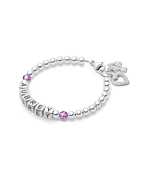 Tiny Blessings Birthstone, Baby/Children&#039;s Name Bracelet for Girls - Sterling Silver