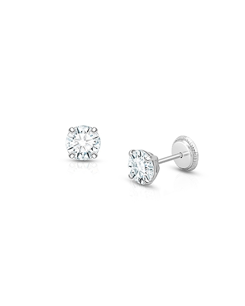 5mm CZ Round Studs, Baby/Children&#039;s Earrings, Screw Back - 14K White Gold