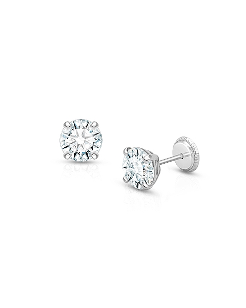 6mm CZ Round Studs, Teen&#039;s Earrings, Screw Back - 14K White Gold