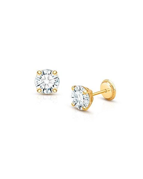 6mm CZ Round Studs, Teen's Earrings, Screw Back - 14K Gold